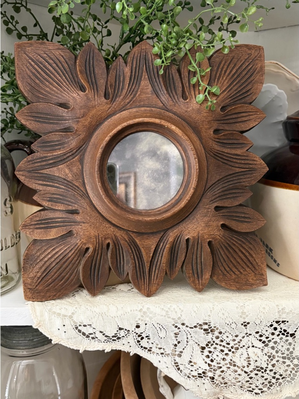 Rustic Brown Carved Wood looking Mirror -